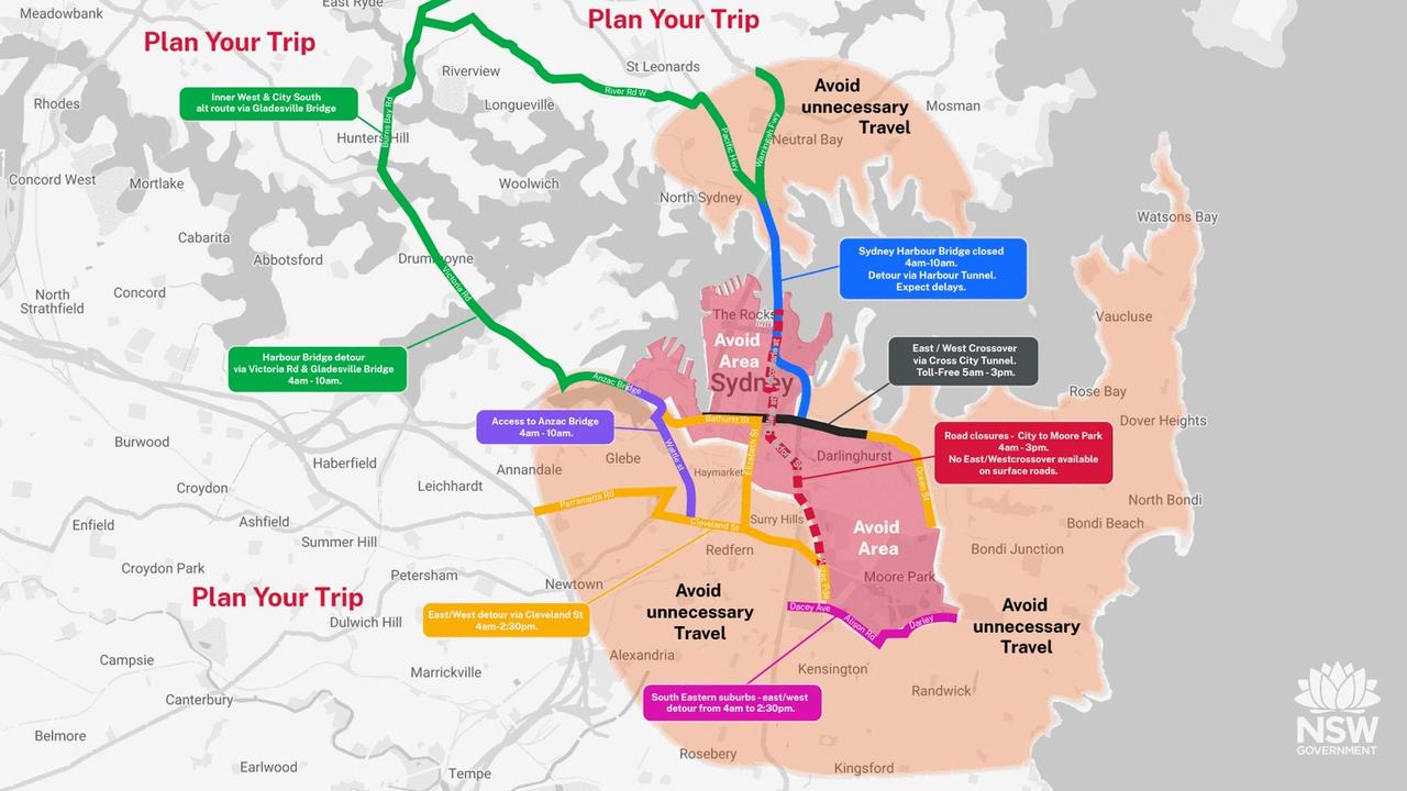 The areas to avoid driving in on Sunday. Picture: Transport NSW.