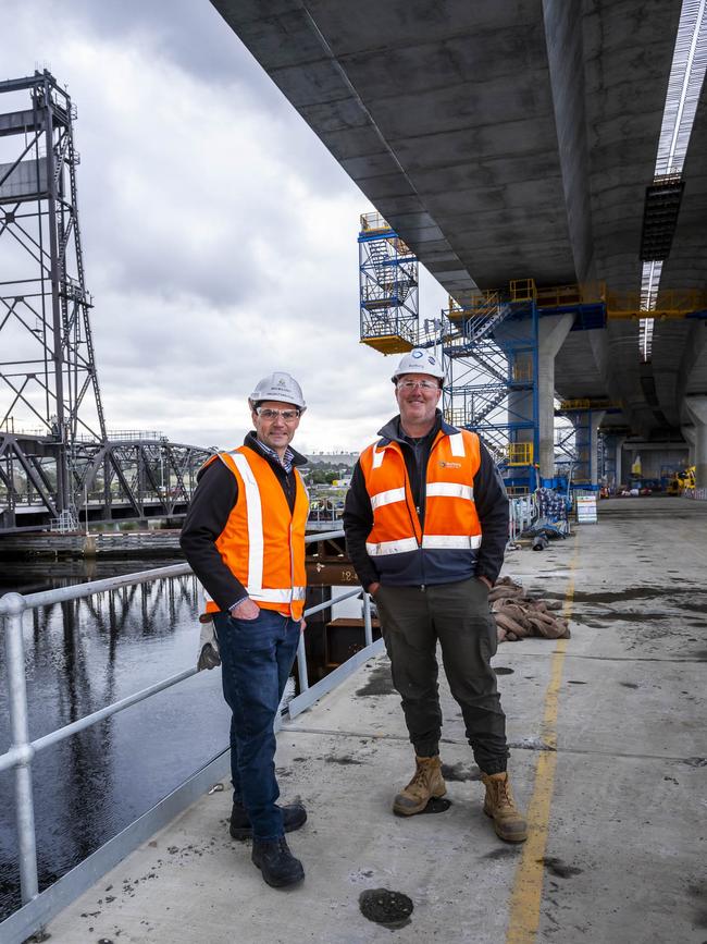 New Bridgewater Bridge under construction. Ben Moloney, project director, and Craig Ferguson, project manager. Picture: Caroline Tan