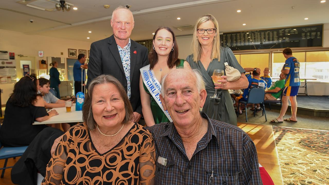 Back left: Judge Andrew Gordon, Goonellabah candidate Tina Smith, Lyndal Gordon, with Gerard and Sandra Ryan in front at the East Lismore Bowling Club for the North Coast National showgirls and teen showgirl. Picture: Cath Piltz