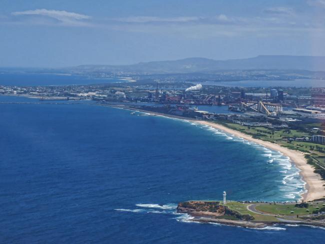 Aerial view of coastline at Port Kembla beach.