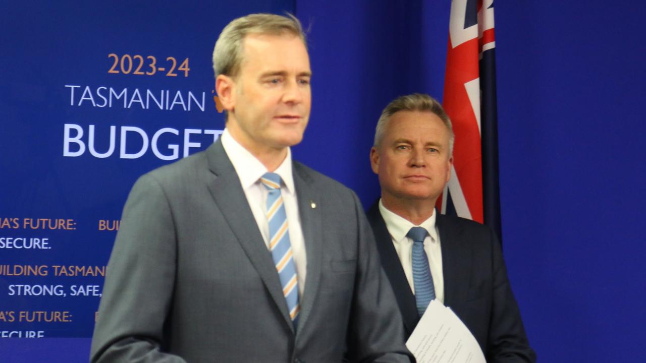 Images from Budget media conference held by Tasmanian Premier Jeremy Rockliff and Treasurer Michael Ferguson at the Executive Building in Hobart on Thursday, May 25, 2023.