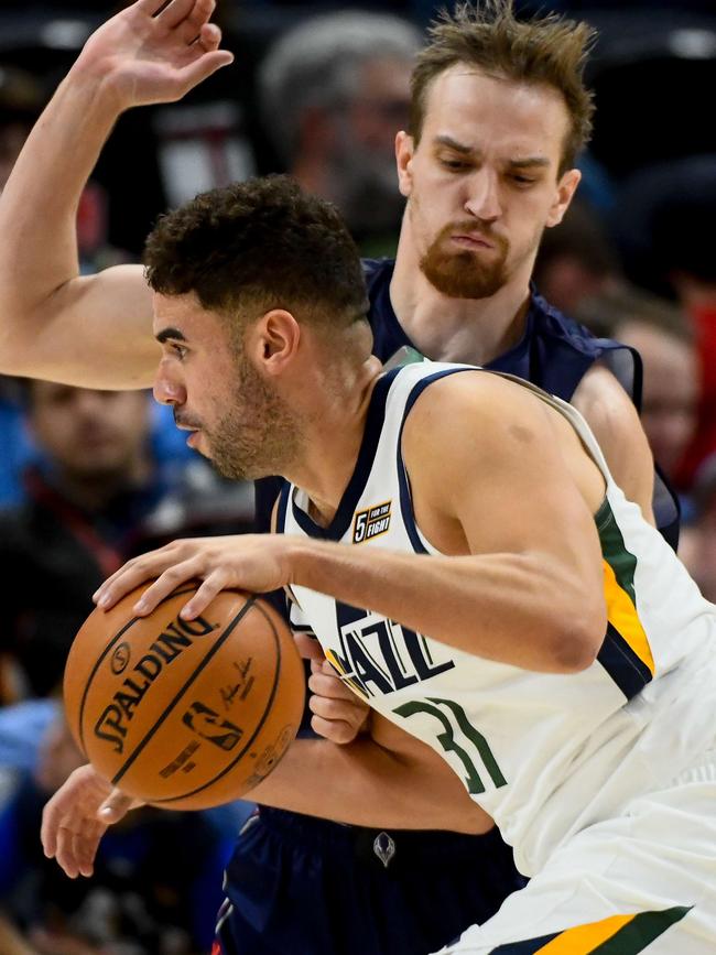 Anthony Drmic guards Georges Niang of the Utah Jazz at Vivint Smart Home Arena. Picture: Alex Goodlett/Getty Images/AFP