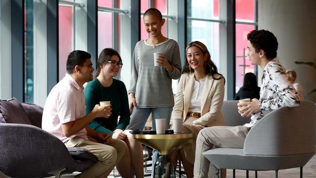 PwC consultants Mihir Makwana, left, Emily Pope, Angelica Familar, Stella Li, Mihir Makwana and Jack Hayes. Picture: Jane Dempster / The Australian