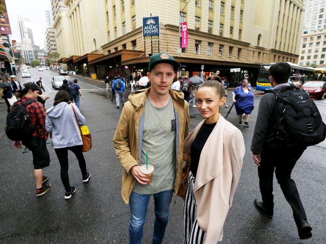 General images of pedestrians crossing the road at the intersection of Adelaide and Edward Streets in the Brisbane City centre - Stuart Somerville and Ruth De Luchi pictured at the intersection, Brisbane Monday 3rd September 2018 Picture AAP/David Clark