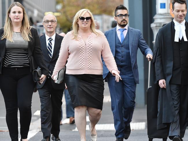Rebel Wilson and her legal team walk from the Supreme Court after day one of her defamation trial against Bauer Media. Picture: Jake Nowakowski