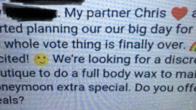 Message sent to a Perth beauty salon owned by an outspoken No voter in the wake of the same sex marriage survey. The owner believes she is being trolled by activists.