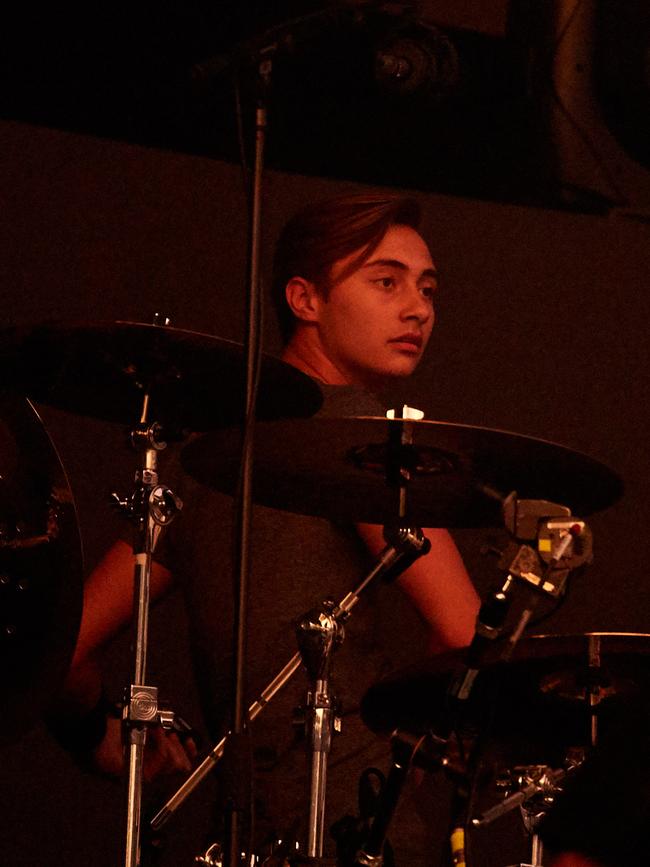 Phil Collins' son, Nic Collins playing the drums at Adelaide Oval. Picture: Matt Loxton