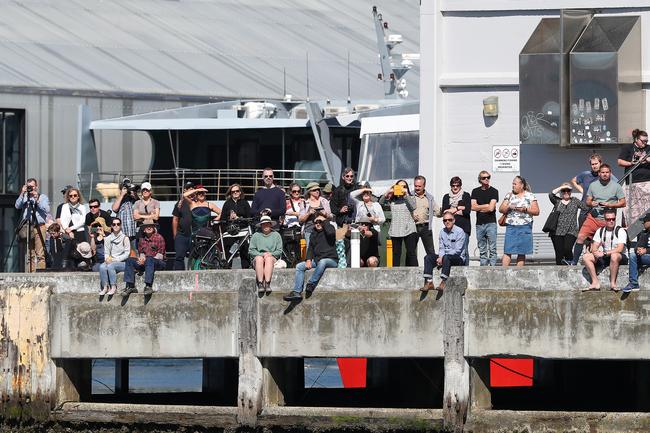 Crowd on Elizabeth Street Pier watching on. Final voyage out of Hobart for the Aurora Australis. Picture: NIKKI DAVIS-JONES