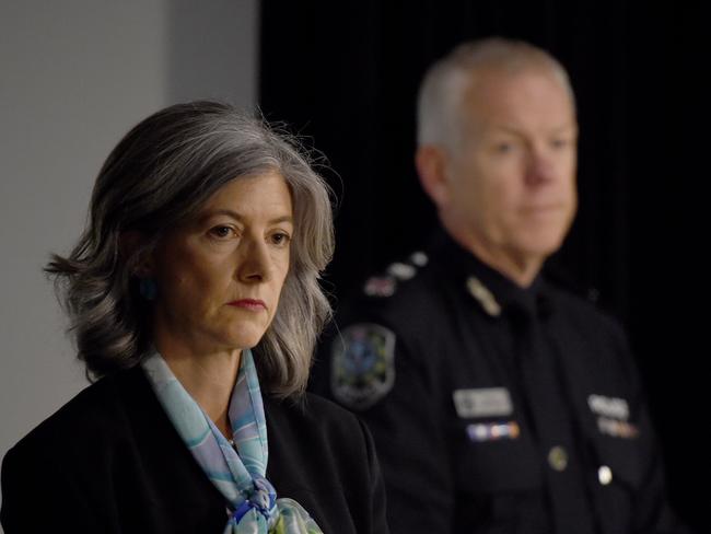 ADELAIDE, AUSTRALIA - (L-R) Chief Public Health Officer Professor Nicola Spurrier and Police Commissioner Grant Stevens watch on as Premier Steven Marshall speaks at a press conference at the State Admin Building in Adelaide. Picture: NCA NewsWire / Naomi Jellicoe