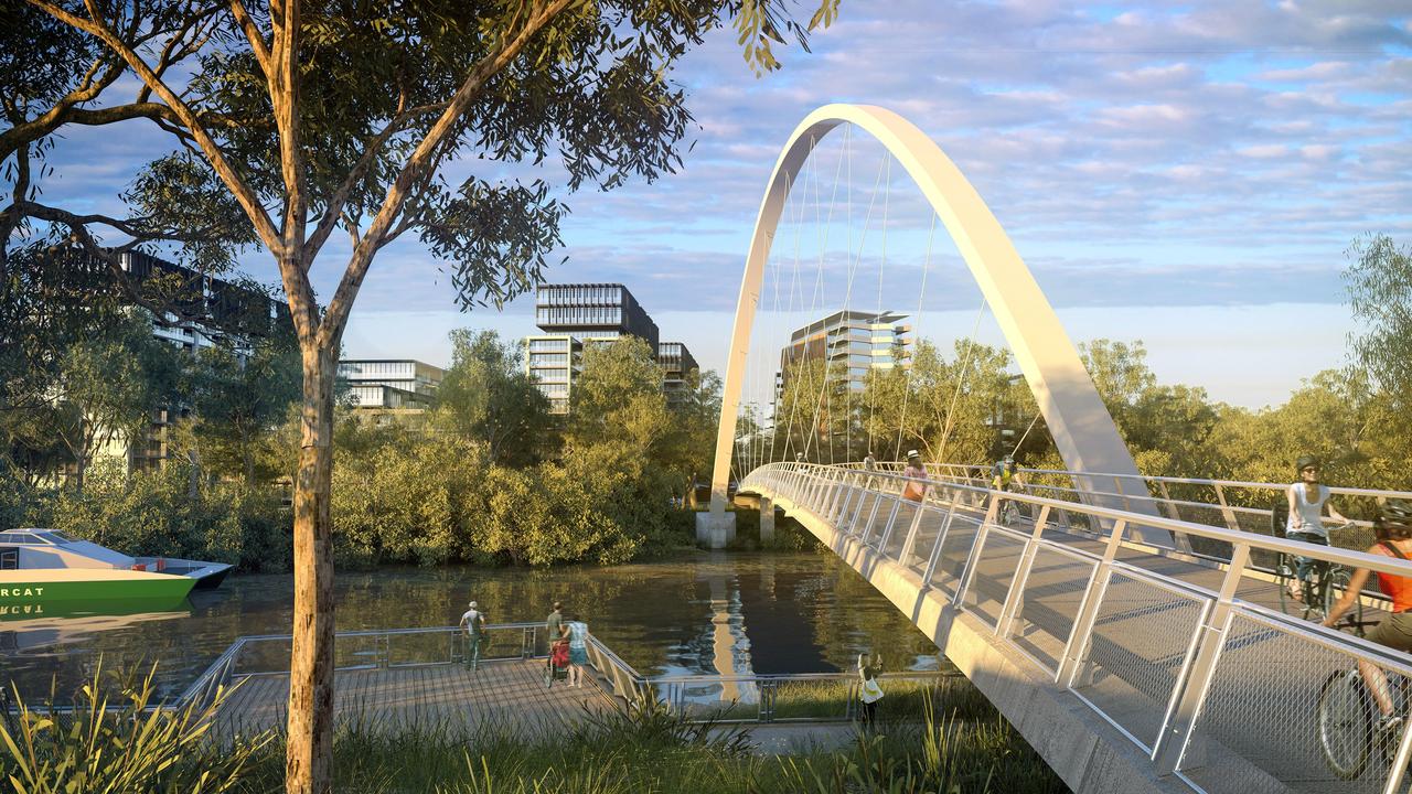 An artist's impression/concept design for the Alfred Street Bridge at Parramatta. "Australia's first diagonal arch bridge" links the CBD to the east of the river.