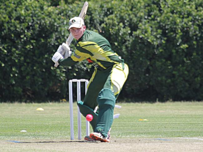 Wyong batsman Oliver Thompson on the drive in a T20 game. Picture: Mark Scott