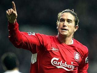 Liverpool's Harry Kewell celebrates his goal during their English Premier League soccer match vs Tottenham at Anfield, Liverp...