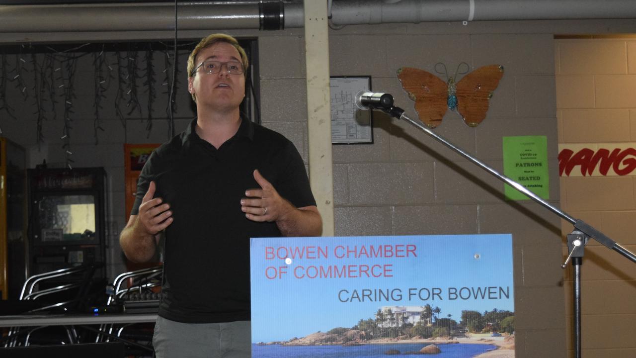 Greater Rewards Group general manager Blake Thomas speaking about the Whitsunday Paradise development at the Bowen Chamber of Commerce meeting in August. Photo: Elyse Wurm