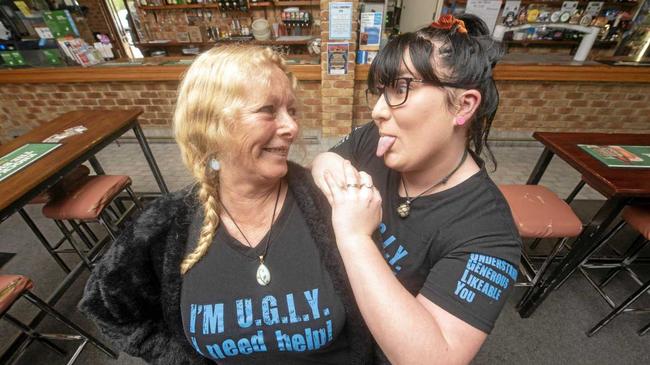 Debbie Weaver, who is taking on the "U.G.L.Y" bartender challenge at Lawrence Tavern gets a bit of a razz from Siobhan Hoy. Picture: Adam Hourigan