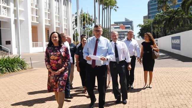 Territory Alliance's Terry Mills, Robyn Lambley, Jeff Collins and candidates after the announcement to stop Fracking if elected. Picture Katrina Bridgeford.