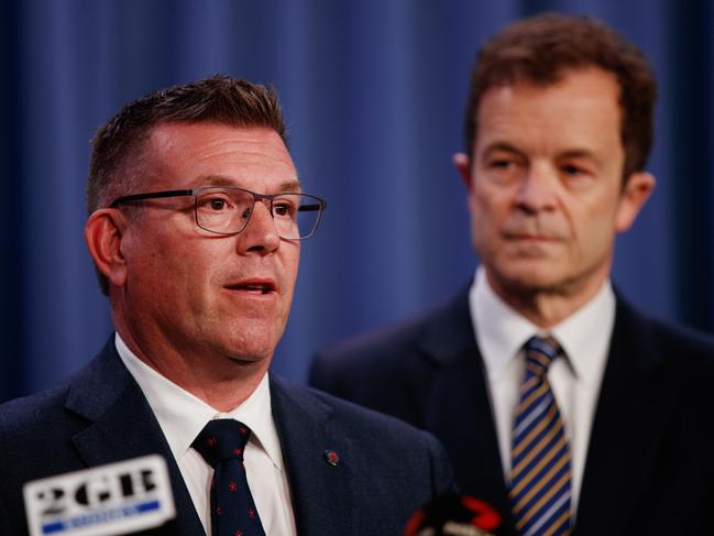 SYDNEY, AUSTRALIA - NewsWire Photos AUGUST 3, 2023: NSW Opposition Leader Mark Speakman with Nationals Leader Dugald Saunders during a press conference at State Parliament on Thursday. Picture: NCA NewsWire / Nikki Short
