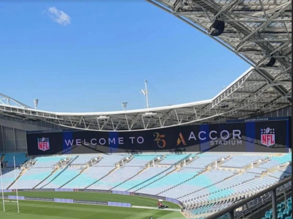 The Accor Stadium big screen lights up with an NFL advertisement. Picture: Supplied