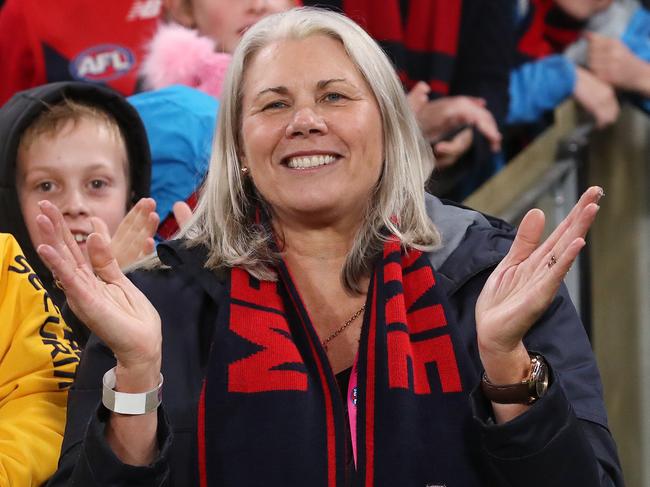 AFL Round 8.   08/05/2021. Melbourne vs Sydney Swans at the MCG, Melbourne.  Melbourne president Kate Roffey cheers on the Demons after win over Sydney   . Pic: Michael Klein