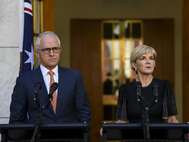 Prime Minister Malcolm Turnbull and Foreign Affairs Minister Julie Bishop announce Australia will expel two Russian diplomats over the nerve agent attack. Picture: AAP