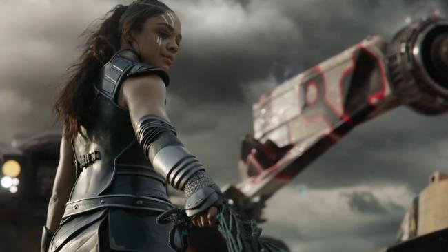 Tessa Thompson as Valkyrie in a scene from the Thor: Ragnarok trailer filmed on the junkyard set on Planet Sakaar at the Oxenford Quarry. Picture: Marvel.