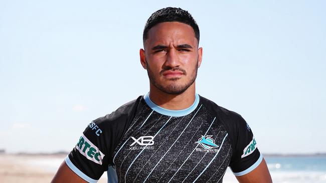 Valentine Holmes of the Cronulla Sharks NRL team poses for a portrait at Cronulla, Sydney. Picture: Brett Costello