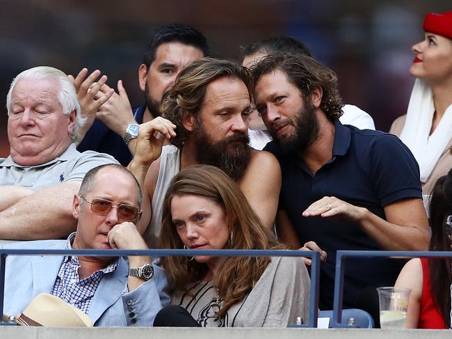 Peter Sarsgaard and Ebon Moss-Bachrach, James Spader, Guest and Debra Messing attend the Men’s Singles Final Match between Novak Djokovic of Serbia and Stan Wawrinka of Switzerland on Day Fourteen of the 2016 US Open at the USTA Billie Jean King National Tennis Center on September 11, 2016. Picture: Getty