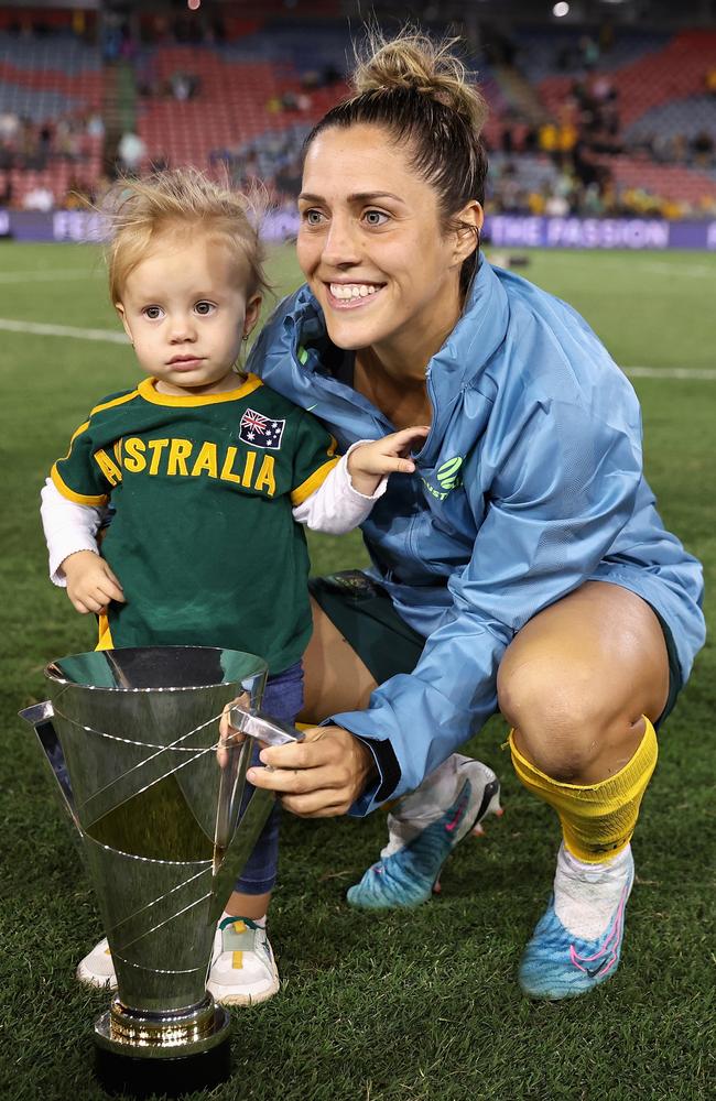 Katrina Gorry with her daughter after winning the Cup of Nations. Picture: Cameron Spencer/Getty Images