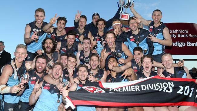 Aberfeldie celebrates last year’s Premier Division flag. Picture: Hamish Blair