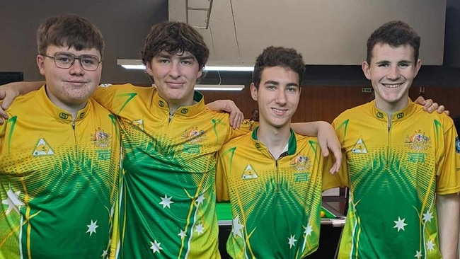 Joshua Hands (left), Joseph Evans, Toby Clack and Sean Dempsey all made the final at the under-18 doubles world championship for eightball in Morocco. Picture: Australian Eight Ball Federation