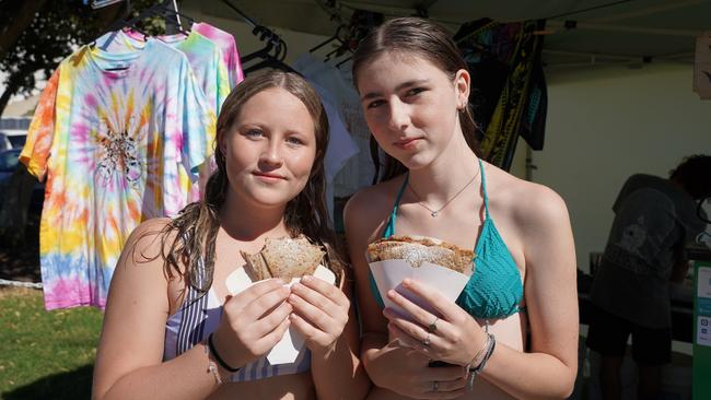 Isis Tarr, 14, and Mia Burgess, 13, at the 49th Annual Pa &amp; Ma Bendall Memorial Surfing Contest held at Moffat Beach in Caloundra on April 8, 2023. Picture: Katrina Lezaic