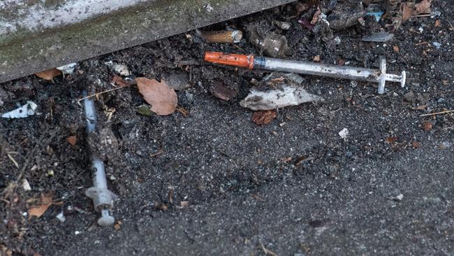 Needles strewn on Elizabeth St on Thursday. Picture: Jason Edwards