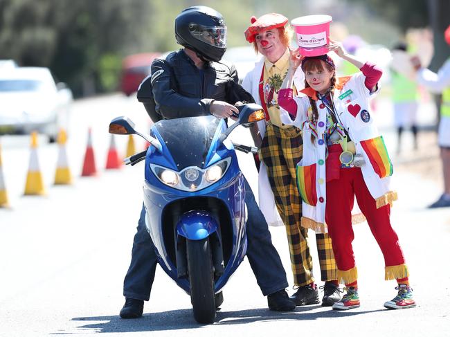 Clown Doctors Dr Nose Best and Dr Nose Nothing at Koolewong roadside appeal. Picture: Sue Graham