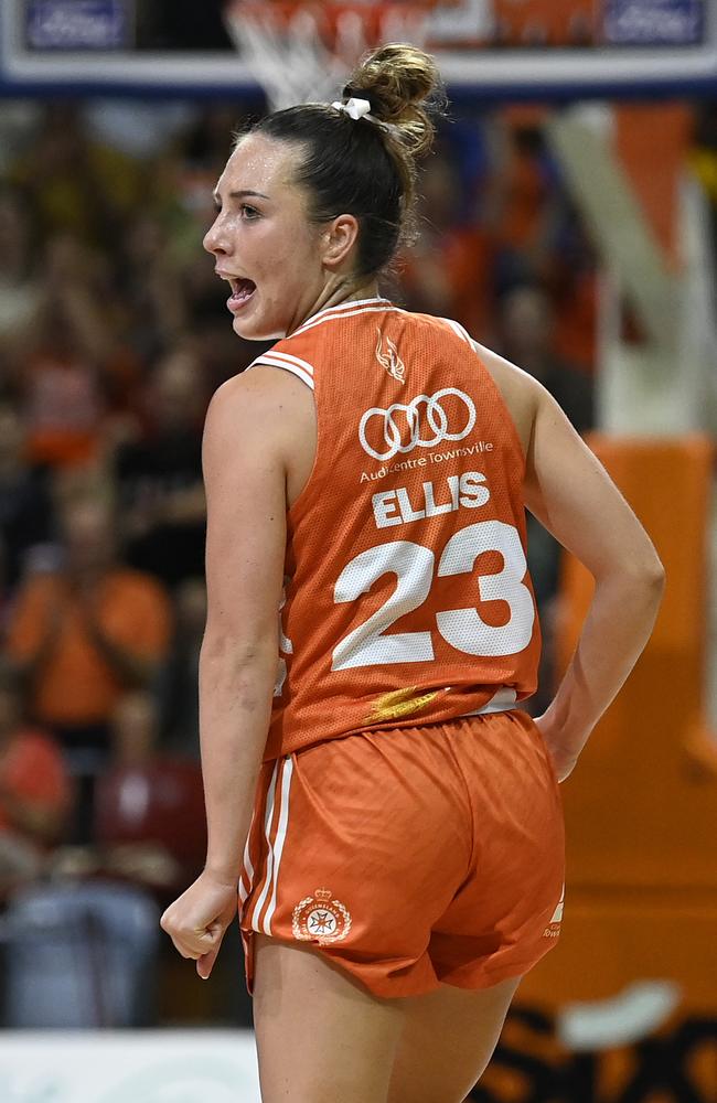 Abbey Ellis of the Fire reacts after scoring a three pointer during game two of the WNBL Semi Final series between Townsville Fire and Perth Lynx at Townsville Entertainment Centre, on February 26, 2025, in Townsville, Australia. (Photo by Ian Hitchcock/Getty Images)