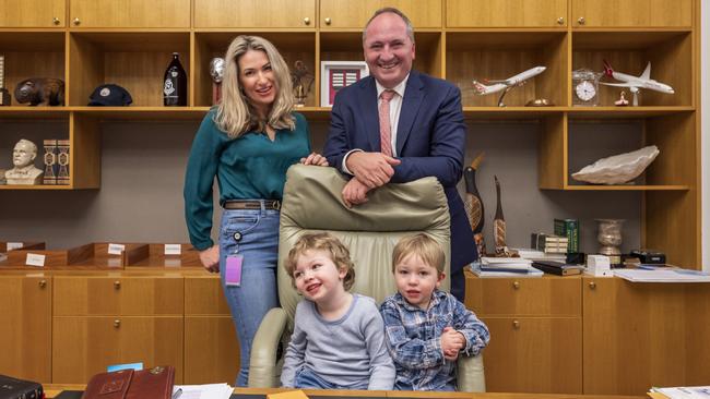 Barnaby Joyce, Vikki Campion and their children, Sebastian and Thomas in his office at Parliament House in Canberra. Picture: NCA NewsWire/Martin Ollman