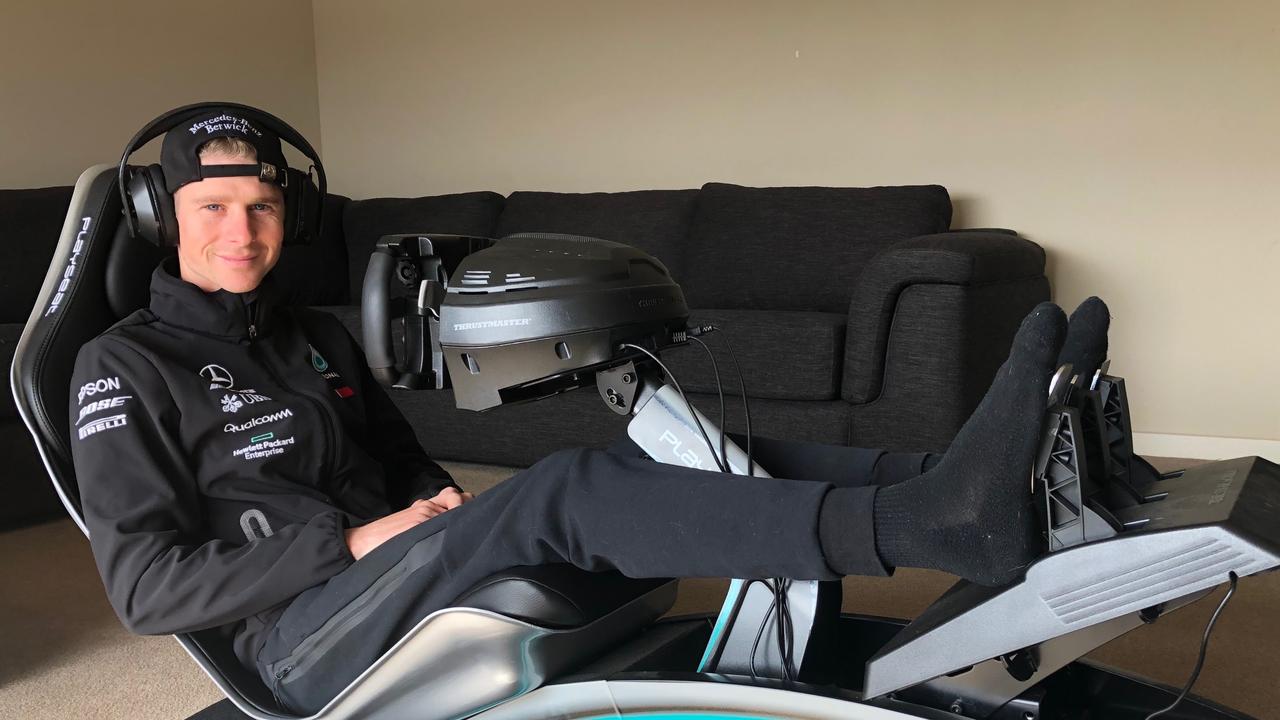 Jockey Jye McNeil turns his lounge room into a virtual Formula racetrack to pass the time in isolation. Picture: Supplied