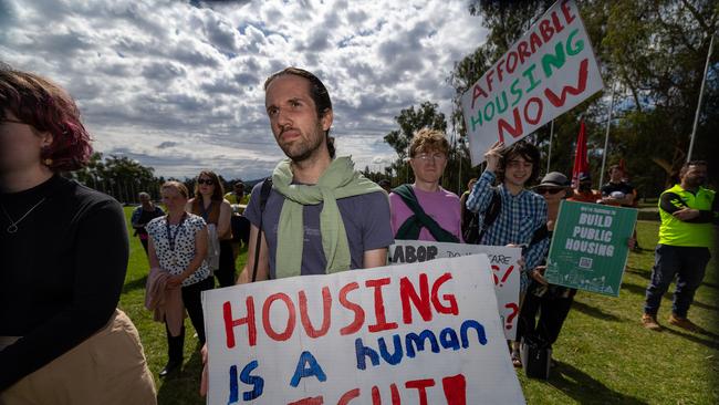 Housing advocates and politicians attend a rally calling for the Albanese government to ramp up spending on its proposed $10 billion Housing Australia Future Fund at Parliament House in Canberra. Picture: NCA NewsWire / Gary Ramage