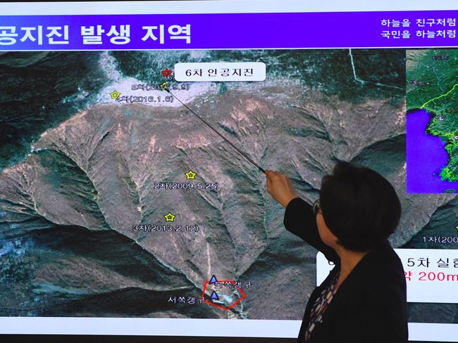 The artificial quake in North Korea was thought to be its sixth nuclear test and was six times more powerful than the tremor from Pyongyang’s fifth test. Picture: Jung Yeon-Je/AFP