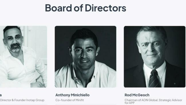 Supplied image of the board of directors of failed start-up company Inotap. Mr McGeoch and Mr Minichiello have since resigned from the board and deny any wrongdoing.