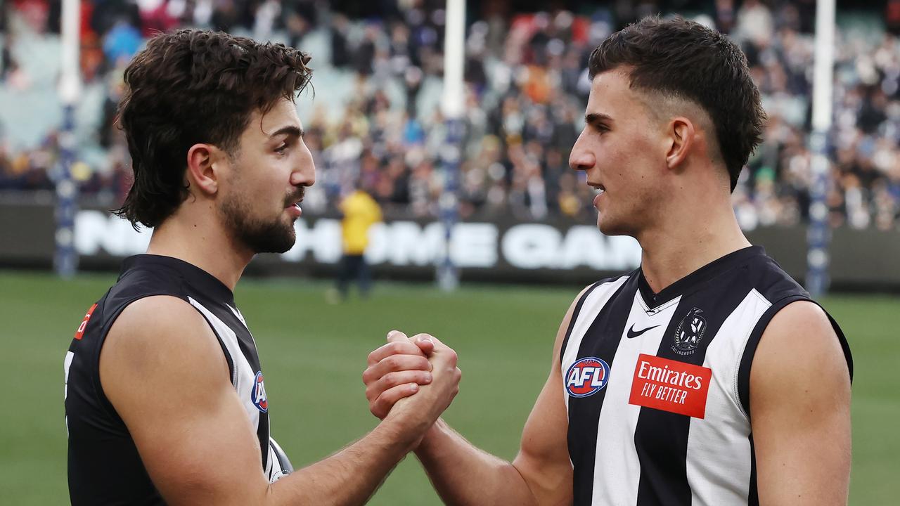 Brothers Josh and Nick Daicos after Collingwood pulled off another great escape. Picture: Michael Klein