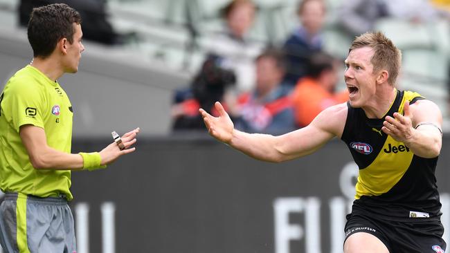 Jack Riewoldt complains to the umpire after the call. Picture: AAP Images