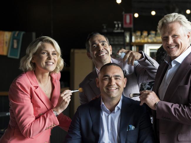 Sarah Jones, Eddie Betts and Dermott Brereton welcome Shaun Burgoyne to Fox Footy. Pic: Julian Fletcher