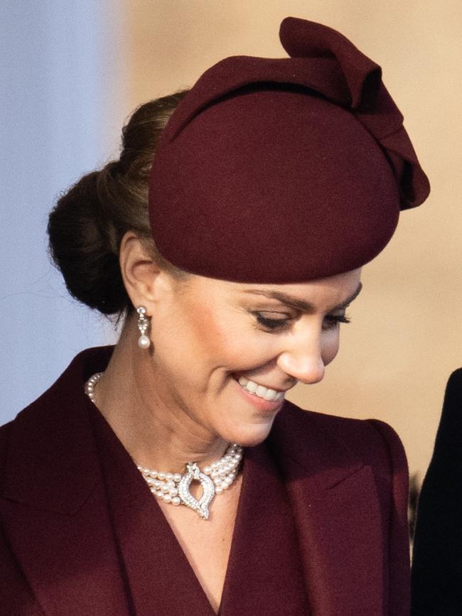 Kate, pictured at the Ceremonial Welcome during day one of The Amir of the State of Qatar's visit to the UK in December, wearing her signature hate style. Picture: Samir Hussein/WireImage