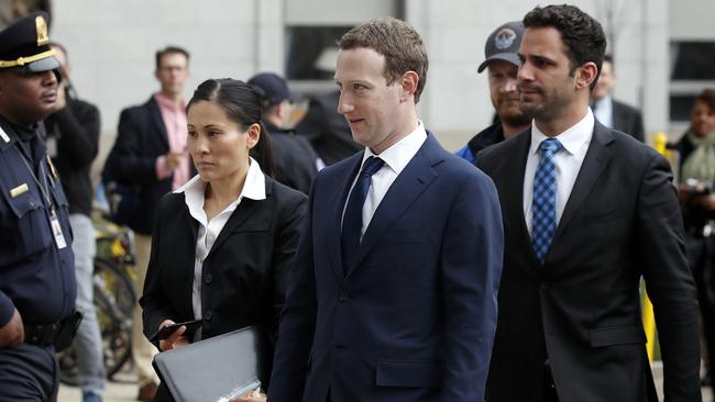 Questioning in US Congress revealed Facebook CEO Mark Zuckerberg, centre, was among the 87 million Facebook users to have their information harvested and sold to Cambridge Analytica. Picture: AP Photo/Alex Brandon