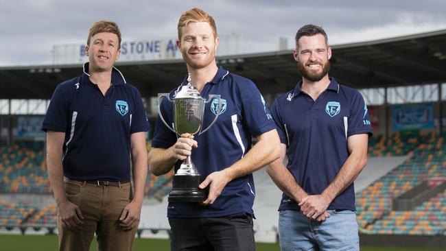 Lindisfarne president Kim Dillon, captain Charlie Wakim and coach Matt Wilkie with last year’s CTPL cup, awarded to the club after the finals were called off due to COVID-19. Picture: RICHARD JUPE