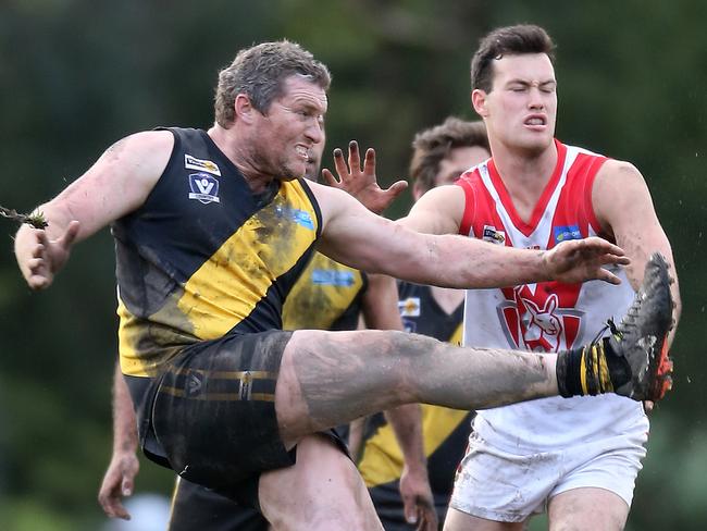 Alberton FNL, Grand Final, Fish Creek V Foster, at Meeniyan, Bailey Harfield-Park, 1,  Fish Creek  Kangaroos   and  Darren Granger, 9,    Foster Tigers,  Picture Yuri Kouzmin