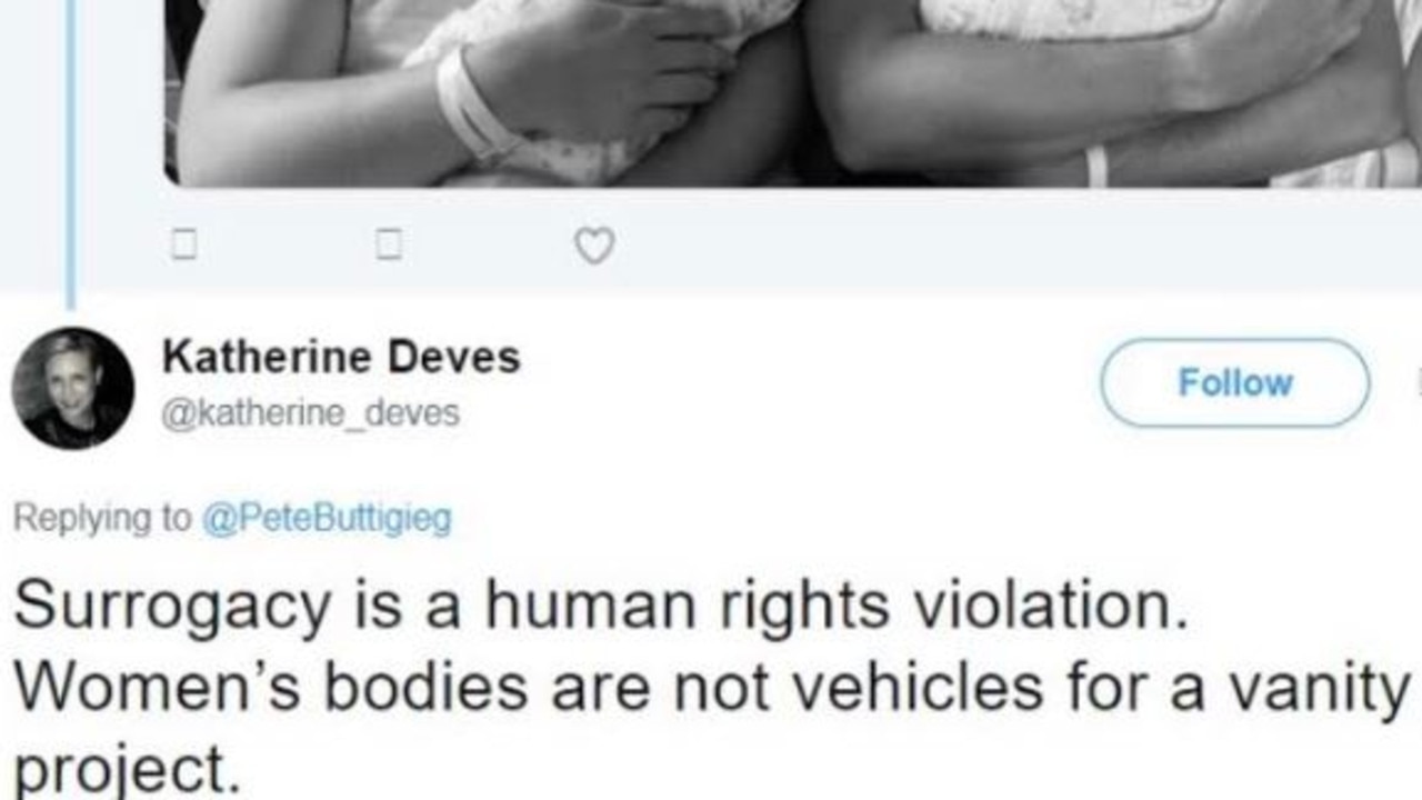 Under-fire Liberal candidate Katherine Deves told a gay politician “surrogacy is a human rights violation” after he celebrated the birth of his twins. Picture: Supplied