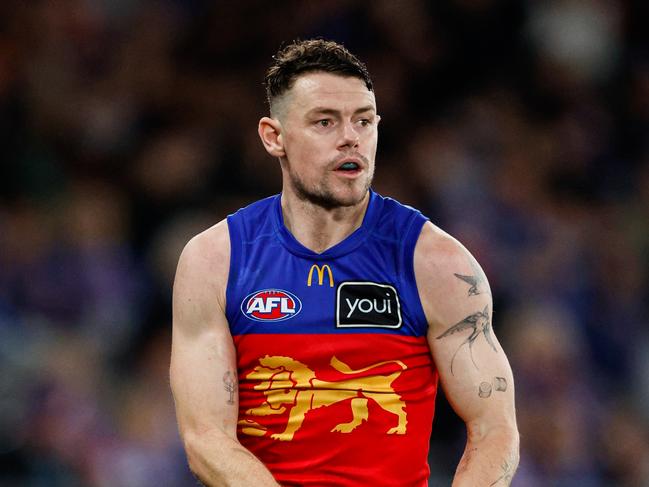 MELBOURNE, AUSTRALIA - JUNE 07: Lachie Neale of the Lions in action during the 2024 AFL Round 13 match between the Western Bulldogs and the Brisbane Lions at Marvel Stadium on June 07, 2024 in Melbourne, Australia. (Photo by Dylan Burns/AFL Photos via Getty Images)