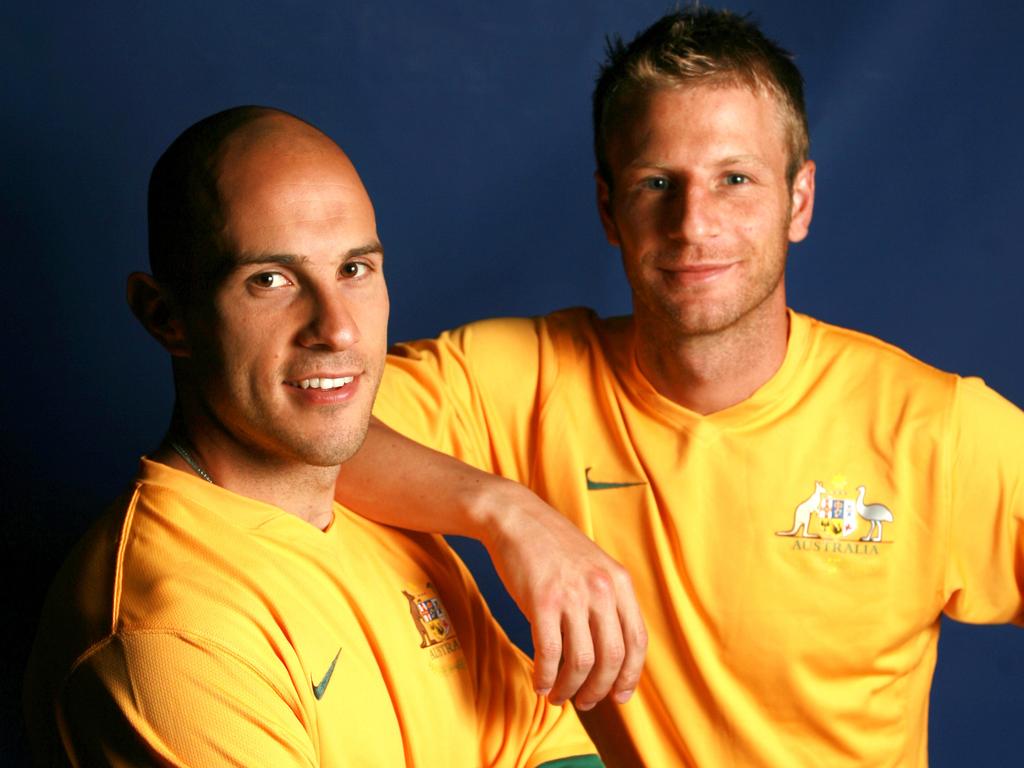 Mark Bresciano and Vince Grella before the 2006 FIFA World Cup, the Socceroos first in 32 years. Bresciano’s goal in the qualifying game against Uruguay was one of the key moments that saw Australia back at the tournament. Picture: Gregg Porteous