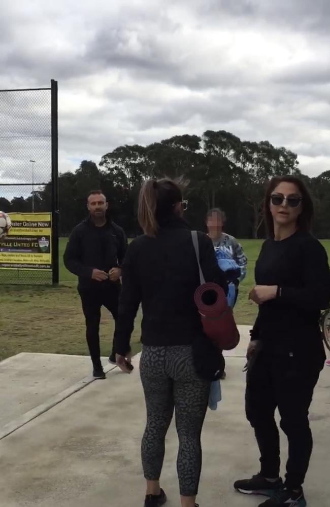 Commando Steve Willis (left) and new girlfriend Harika Vancuylenberg (right) have a heated confrontation with mystery woman in a Sydney park. Supplied