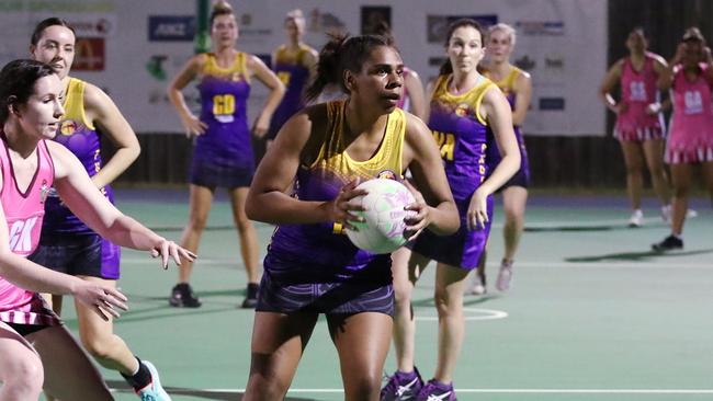 Former Sharks player Salmui Whap-Farrar in control for the Fierce in the Cairns Netball Association Senior Division 1 match between Phoenix Fierce and Leprechauns. PICTURE: BRENDAN RADKE